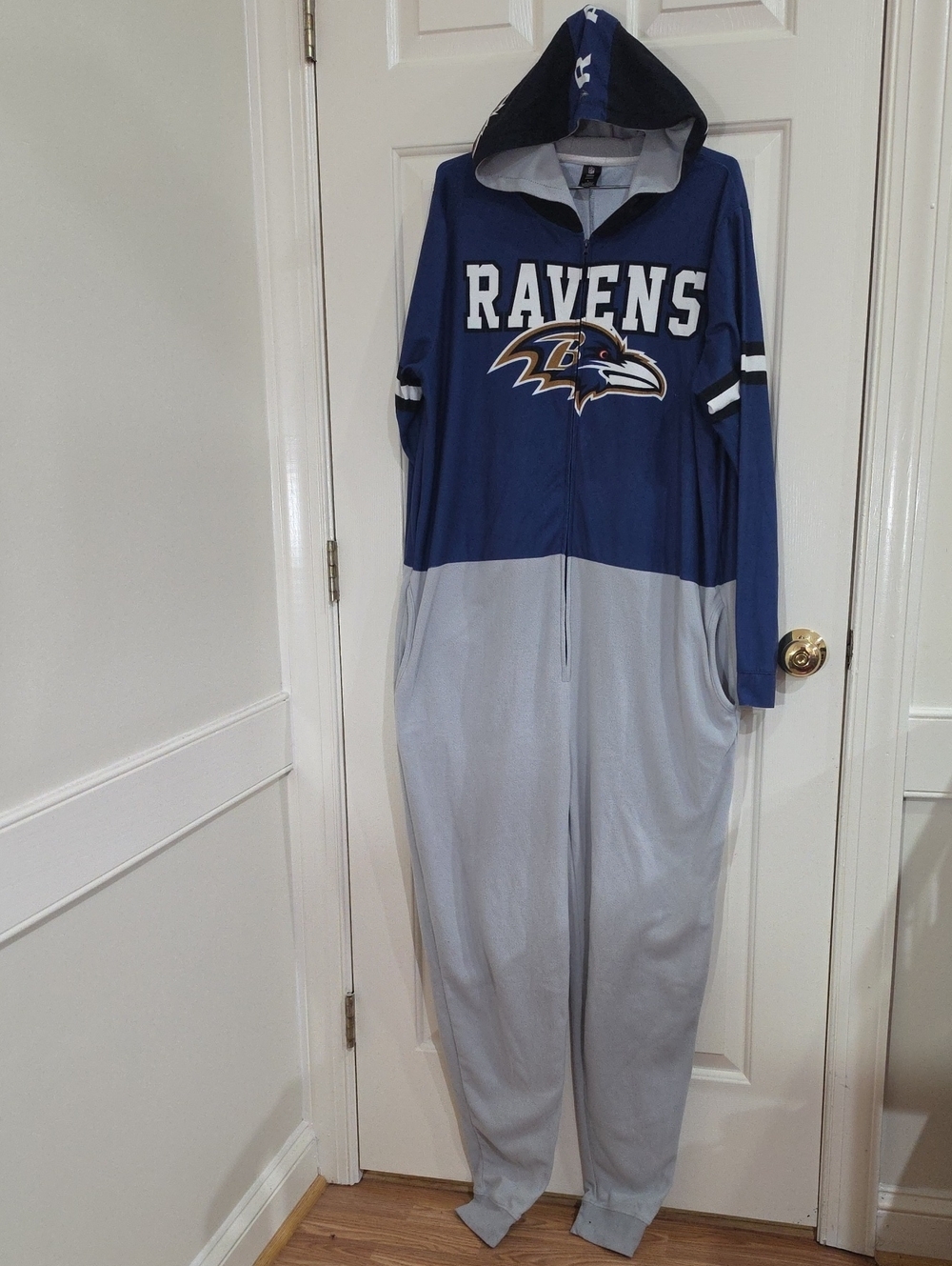 Official NFL Team Apparel Baltimore Ravens Hooded Jumpsuit Onesie - Size L
